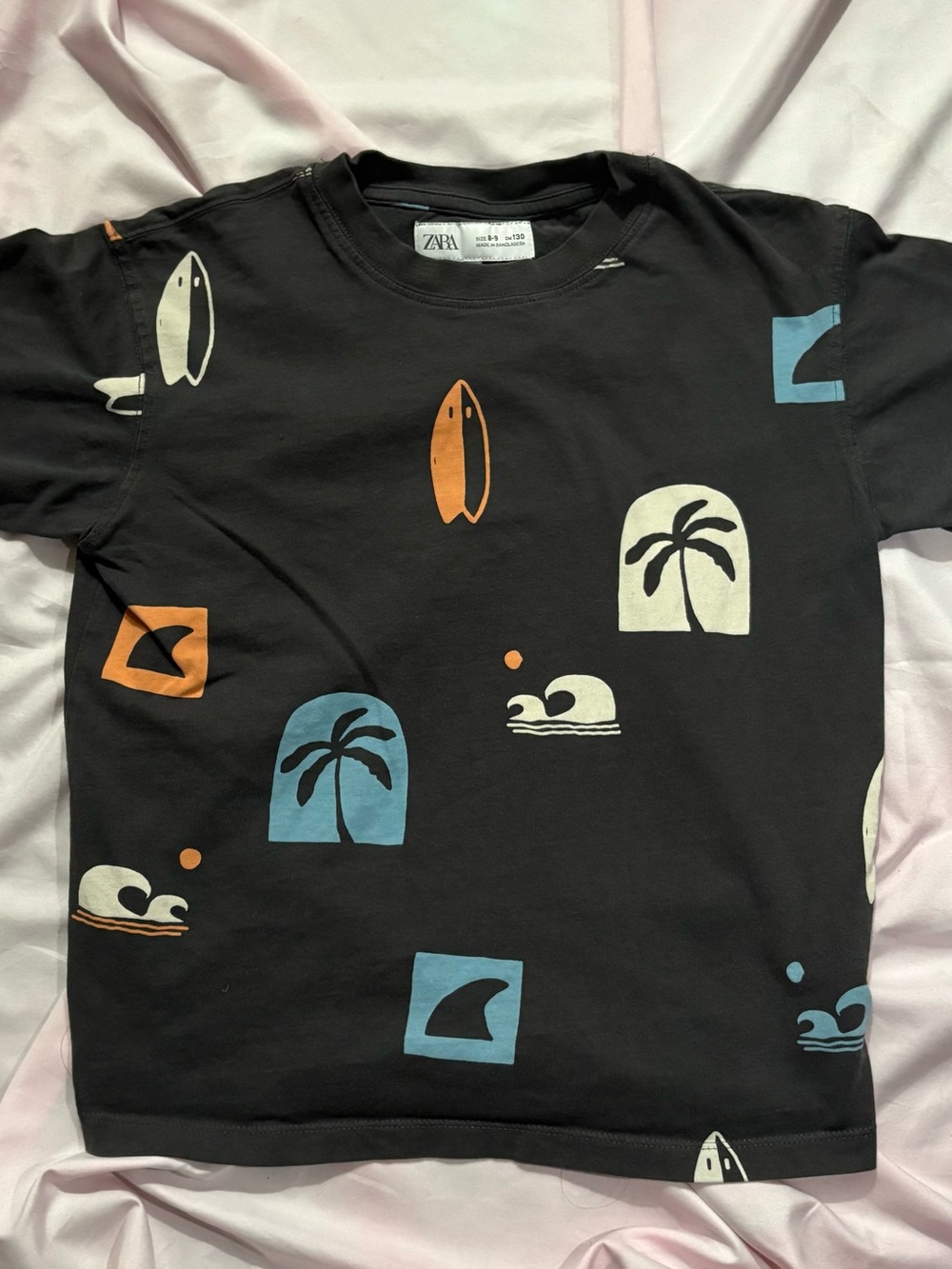 ZARA Black Short Sleeve Tee with Blue & Orange Surf Motifs